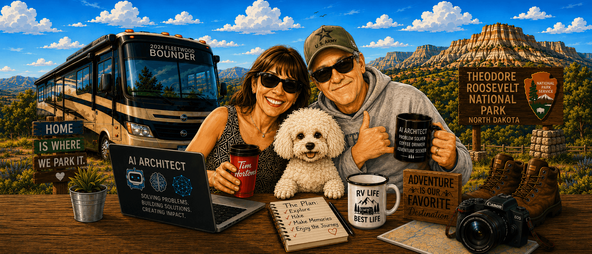 Bill, Paulette and Lilo traveling in their Fleetwood Bounder